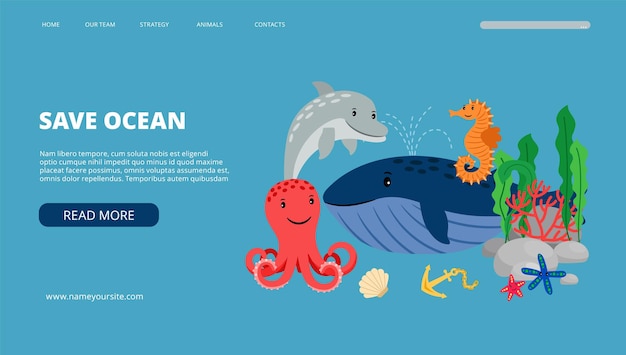 Guarde la página de destino del océano. Dibujos animados de fauna marina. Banner de web de naturaleza de ahorro de vector