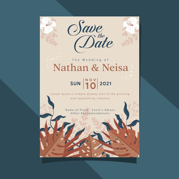 Guarde la plantilla de tarjeta de invitación de boda de fecha en hoja rústica de color suave