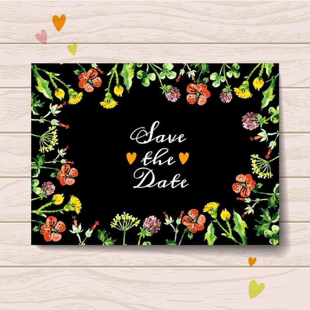 Guarde la tarjeta de amor de fecha con ramo floral acuarela. ilustración de vector de boda y día de san valentín