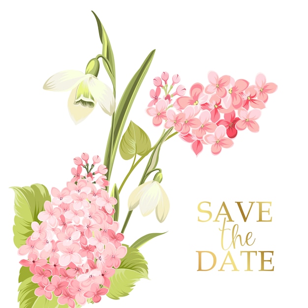 Guarde la tarjeta de fecha con signo de plantilla y guirnalda de flores de primavera.