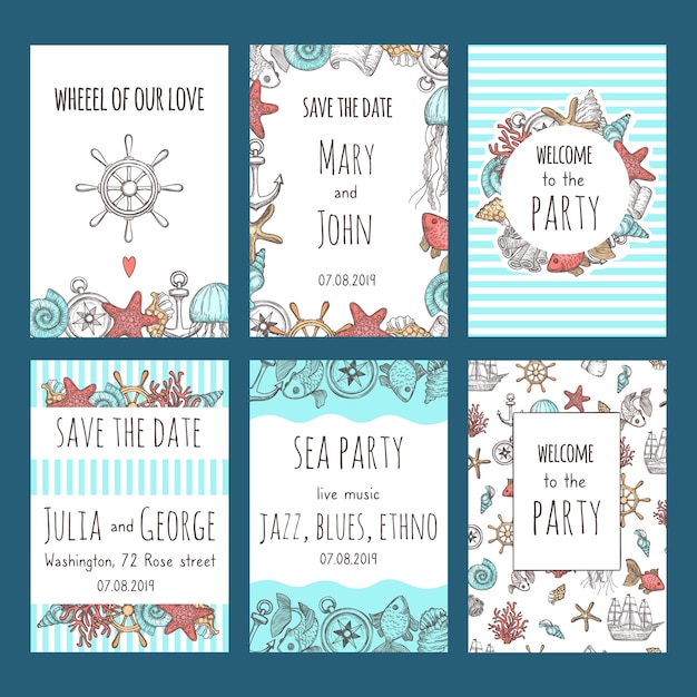 Guarde las tarjetas de fecha. Símbolos náuticos conchas de velero nudo pescado diseño marino de tarjetas de vector de boda de celebración de invitación. Ilustración guardar fecha fiesta náutica