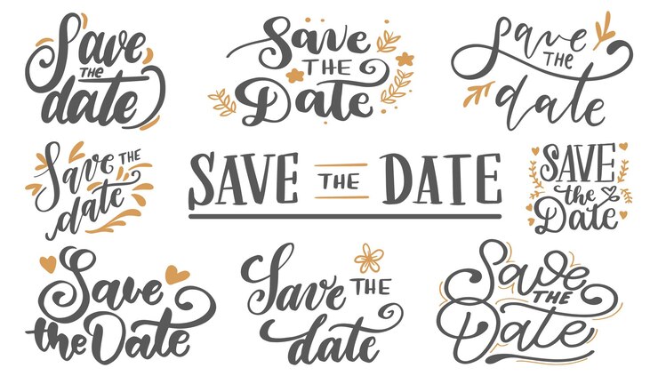 Vector guarde el texto de inscripción de caligrafía de fecha para el evento de vacaciones de boda guarde el texto vintage de fecha