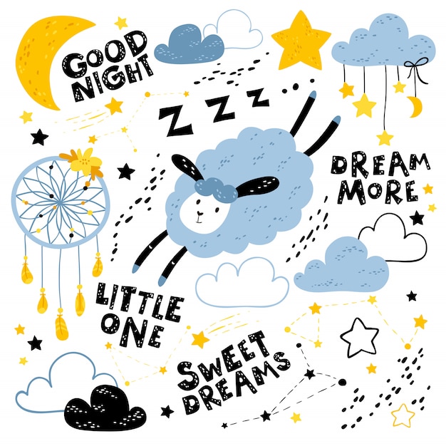 guardería infantil con lindas ovejas, nubes, estrellas, luna, constelaciones e inscripciones negras. Buenas noches, dulces sueños, sueña más, pequeña