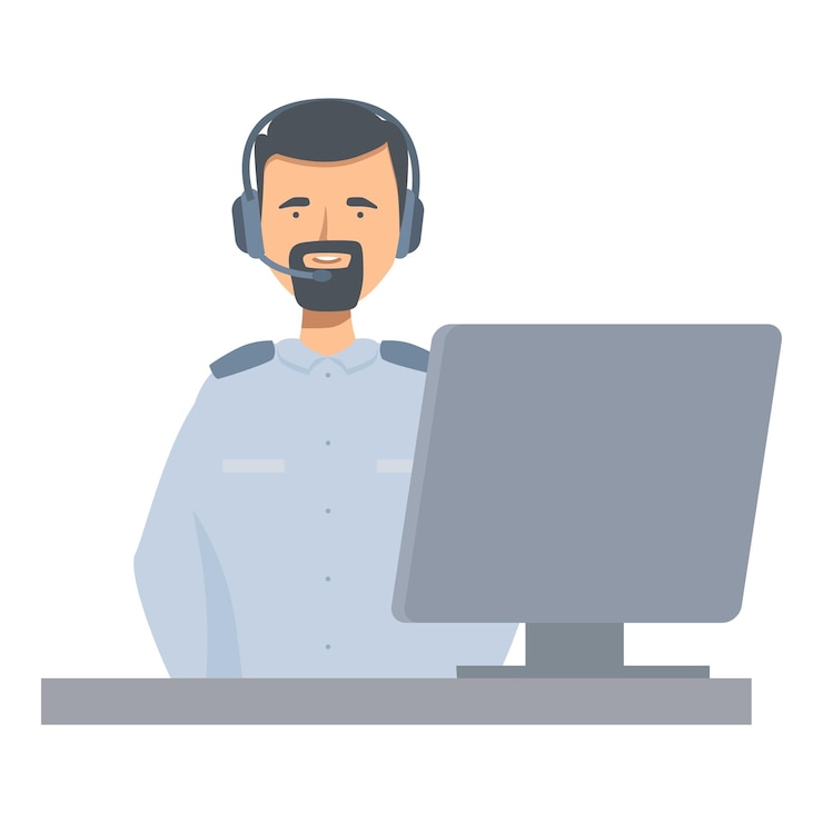 Vector un guardia de seguridad con auriculares sonriendo trabajando en una computadora de monitoreo de escritorio