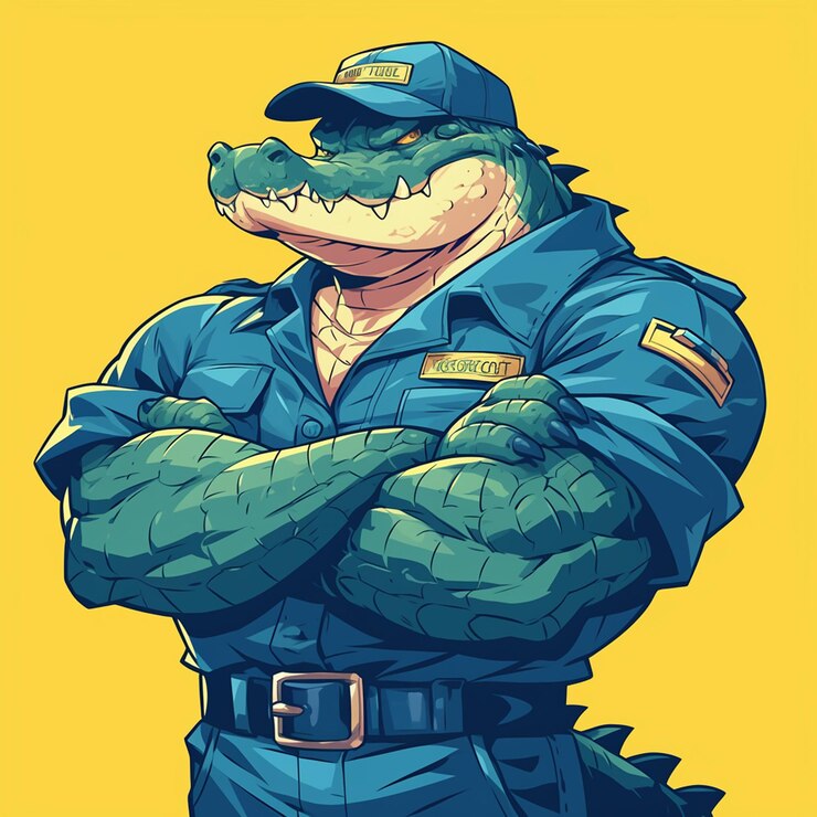 Vector un guardia de seguridad de cocodrilo serio al estilo de los dibujos animados