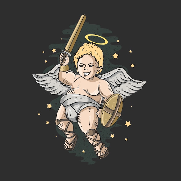 Vector el guardián cupido con espada y escudo san valentín personaje estrella fondo