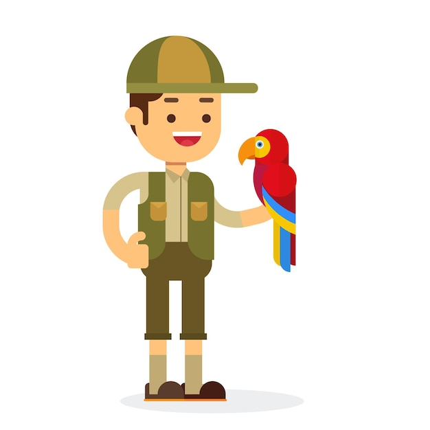 Guardián del zoológico jugando pájaro aislado en blanco stock vector