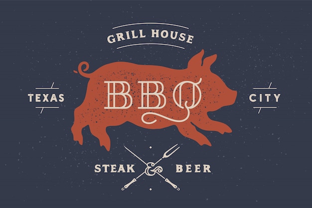 Vector guarro, cerdo, cerdo. etiqueta vintage, logotipo, pegatina, cartel para restaurante de carne
