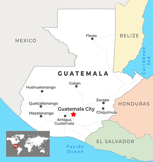 Vector guatemala mapa político con la capital ciudad de guatemala ciudades más importantes y fronteras nacionales