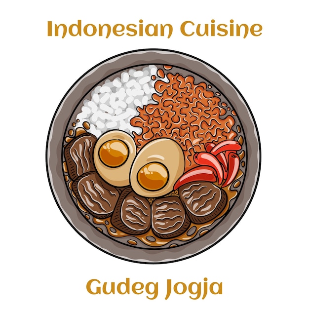 Vector gudeg jogja con huevo con diferentes tipos de carne y verduras comida tradicional indonesia