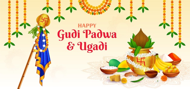 Gudhi tradicional para el festival indio de Año Nuevo Gudi Padwa Ugadi con Kalash decorado