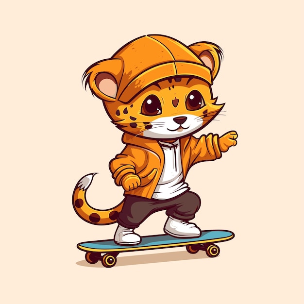 guepardo lindo montando en patineta deporte de verano ilustración vectorial