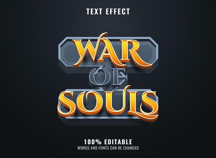 Vector guerra de almas con efecto de texto editable de marco de piedra para el título del logotipo del juego medieval rpg