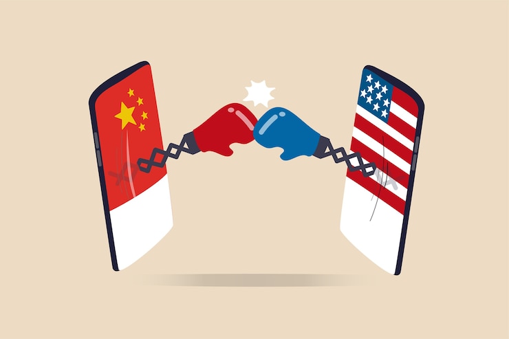 Vector guerra de tecnología de estados unidos y china, 2 países compiten por ser el líder de la empresa de tecnología, sanciones de la guerra fría y concepto de tarifas, teléfono móvil digital con bandera de estados unidos y china luchando con guantes de boxeo