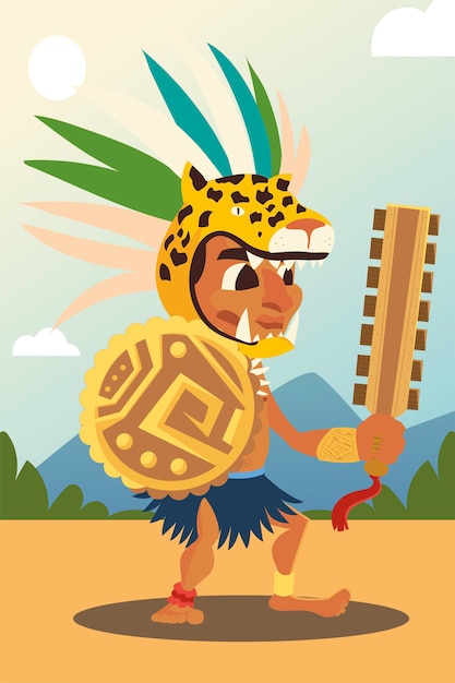 Vector guerrero azteca en armas tradicionales tribales y sombreros ilustración