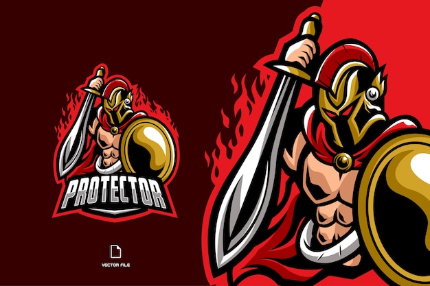 Guerrero con casco, espada, casco y logotipo de la mascota del escudo para el logotipo de esport del juego
