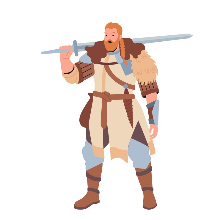 Vector guerrero escandinavo pelirrojo, soldado bárbaro. personaje masculino vikingo con barba de jengibre con armadura de asimiento de piel de animal