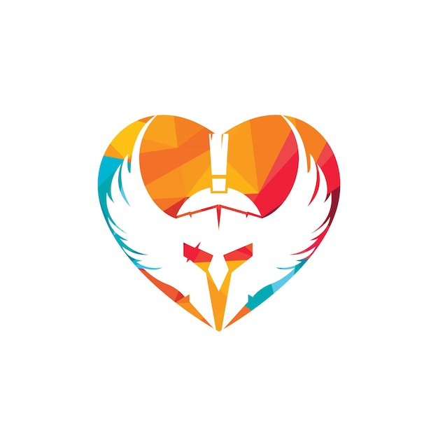 Guerrero espartano con alas y diseño de logotipo de vector de corazón