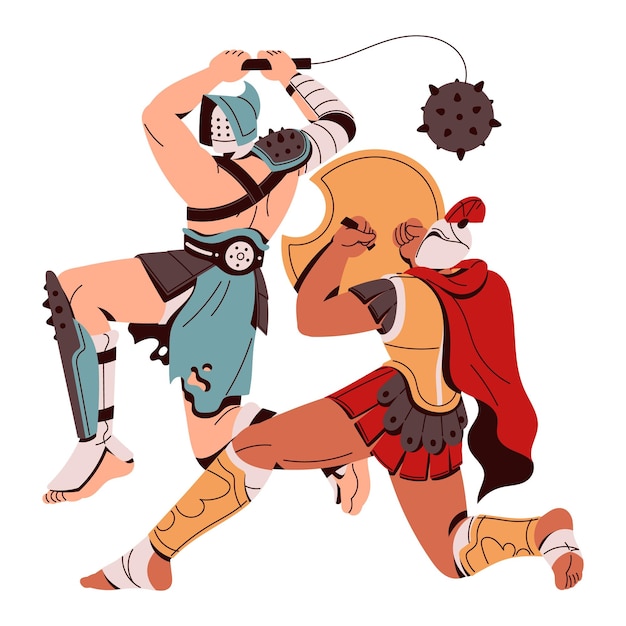 El guerrero espartano ataca al enemigo con el flail El gladiador romano protege de los golpes con el escudo Los soldados antiguos en armadura en la batalla La guerra en la arena del Coliseo Ilustración de vector aislado plano en blanco