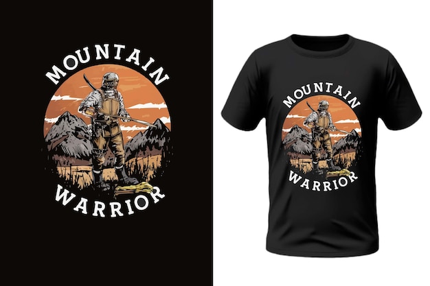 Vector guerrero de la montaña con diseño de camiseta con estampado de lago