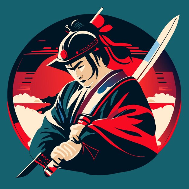 El guerrero samurai está limpiando su espada. ilustración vectorial.