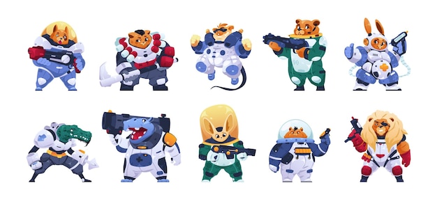 Guerreros animales de fantasía Personajes de juego de mascota de dibujos animados lindo con armadura escudo espada casco fantasía kawaii mascotas divertidas con arma de caballeros Vector colorido conjunto
