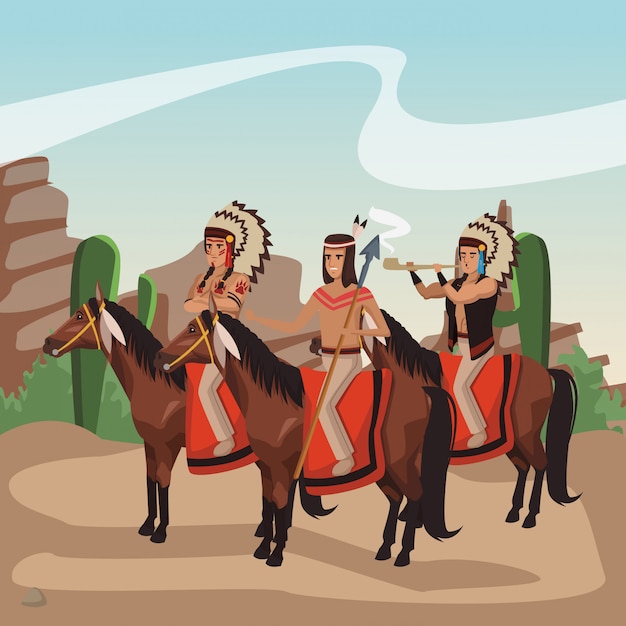 Vector guerreros indios americanos en caballos en la aldea