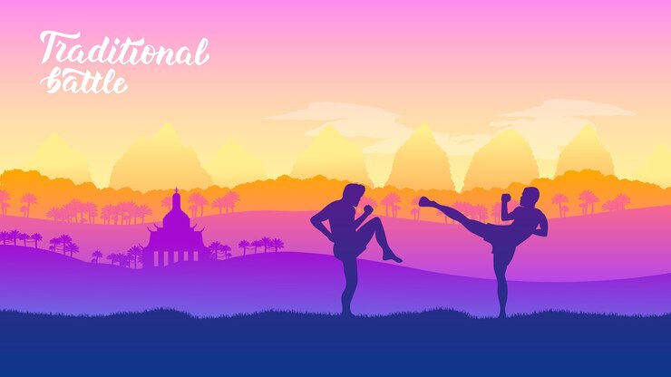 Vector guerreros tailandeses de artes marciales de diferentes naciones del mundo. peleas tradicionales sin armas.