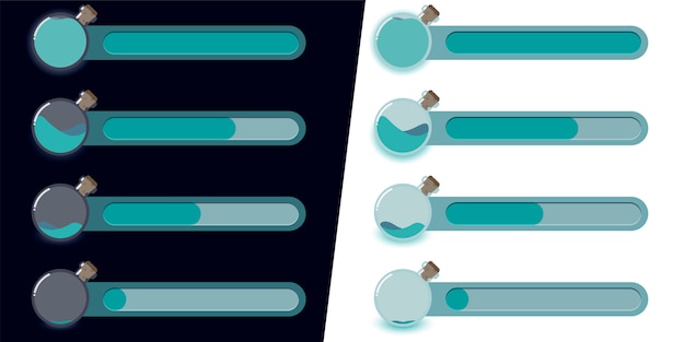 Gui, conjunto de iconos de estado de maná, puntos mágicos, energía mágica, alcance de acción, magia, poder. fondo claro y oscuro, modo noche y día.