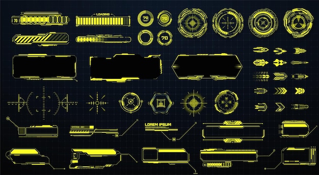 GUI HUD UI futuristic elements set Sci Fi Holographic hud user interface elements high tech bars and frames Isolated arrows pointers loading circles sight callout bar labels Vector