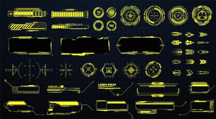 Vector gui hud ui futuristic elements set sci fi holographic hud user interface elements high tech bars and frames isolated arrows pointers loading circles sight callout bar labels vector