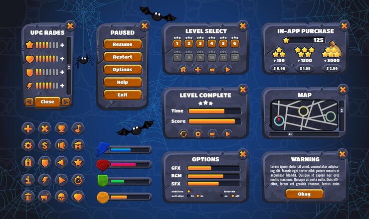 Vector gui de interfaz gráfica de usuario de juegos móviles. diseño, botones e iconos.