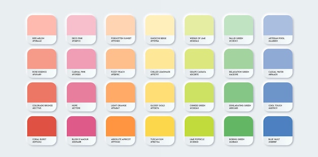 Guía de colores múltiple Paleta de colores Catálogo de muestras con códigos RGB HEX y nombres Vector EPS 10