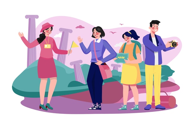 Guía turística dama y grupo de turistas.