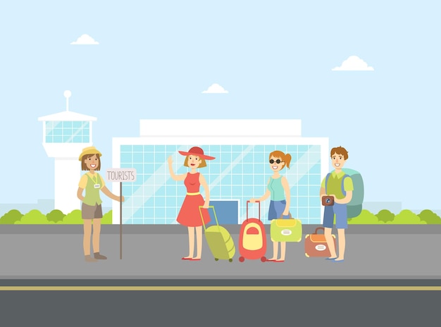 Vector guía turística esperando a los huéspedes en el grupo del aeropuerto de turistas alegres con equipaje de pie en frente
