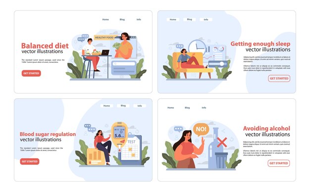 Guía de vida saludable con ilustraciones vibrantes que promueven una alimentación equilibrada, un buen descanso y un control de la glucosa