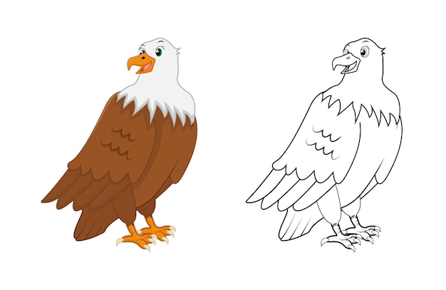 Águila de dibujos animados feliz con arte de línea, boceto de águila color menos página aislada sobre fondo blanco.