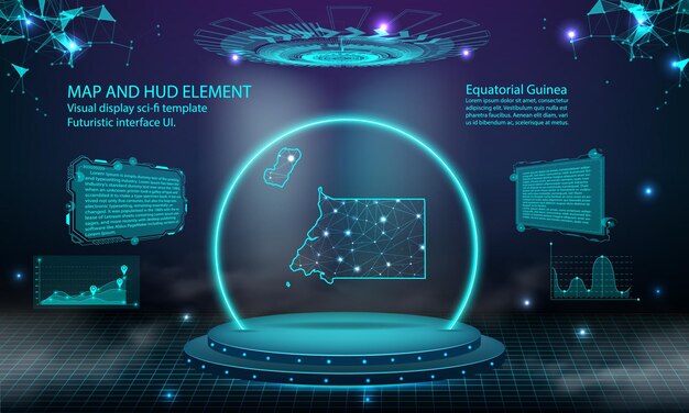 Guinea ecuatorial mapa luz conexión efecto fondo abstracto tecnología digital ui gui futurista hud interfaz virtual con mapa de guinea escenario podio futurista en niebla