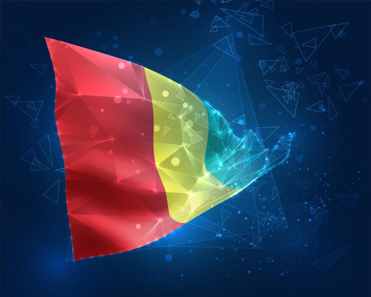 Vector guinea vector bandera objeto 3d abstracto virtual de polígonos triangulares sobre un fondo azul