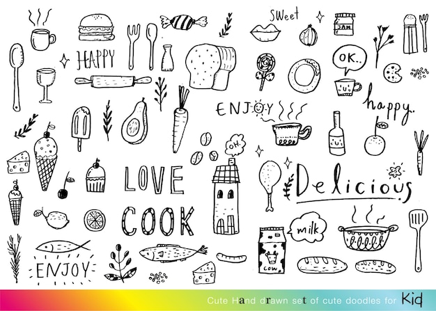 Guiones de alimentos Guiones de comida dibujados a mano símbolos y objetos vectoriales sketchy