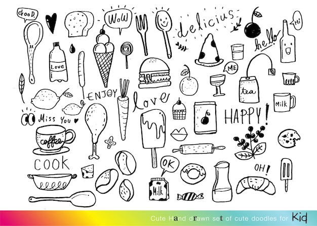 Guiones de alimentos Guiones de comida dibujados a mano símbolos y objetos vectoriales sketchy