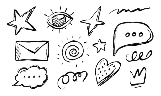 Guiones creativos con estrellas, ojos, burbujas de habla y corazones para la expresión artística y el diseño