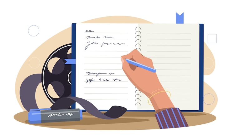 Vector guionista con concepto de diario mujer escribiendo guión para película persona creativa con serie o película
