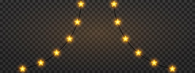 Guirlanda de oro amarillo en forma de estrella luces navideñas colgando en un fondo oscuro atmósfera festiva una cuerda de luces de hadas brillantes en un fondo transparente iluminación decorativa cálida