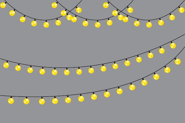 Guirlandas de luz de cuerda bombillas brillantes amarillas decoración de fiesta vectorial fondo festivo gris
