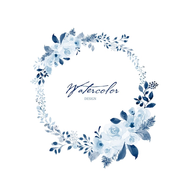 Vector guirnalda de acuarela de flores azules y hojas. acuarela pintada a mano con marco redondo floral monocromo aislado sobre fondo blanco. adecuado para el diseño de tarjetas de boda, invitaciones, ahorre la fecha.