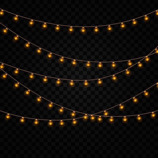Guirnalda amarilla luces elementos aislados, realistas. Conjunto de guirnalda dorada brillante.
