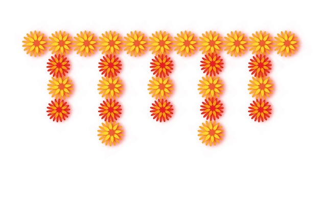 Guirnalda de caléndulas. Flor de corte de papel amarillo naranja. Festival indio de flores y hojas de mango. Feliz Diwali, Dasara, Dussehra, Ugadi. Elementos decorativos para la celebración india. Vector