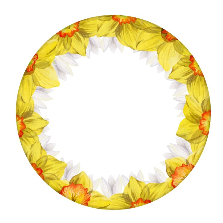 Vector guirnalda de círculo dibujado a mano de acuarela con flores de primavera narcisos hojas de campanillas de azafrán aislado sobre fondo blanco diseño para invitaciones boda tarjetas de felicitación papel tapiz impresión textil