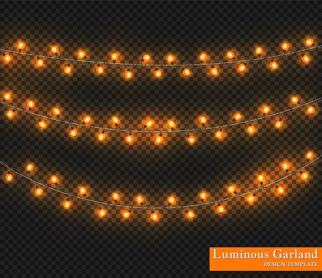 Guirnalda de colores, decoraciones festivas. Luces de Navidad brillantes aisladas sobre fondo transparente.